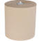 Rouleau d'essuie-mains beige avec support en plastique blanc en haut.