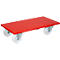 Rouleau de transport rouge avec quatre roues blanches.