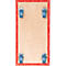 Planche de bois rectangulaire avec des bords en tissu rouge et quatre roulettes bleues. Les roulettes sont fixées aux coins de la planche.