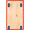 Planche de bois avec quatre roulettes bleues aux coins, bordée de tissu rouge.