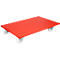 Plateau de transport rouge sur roulettes blanches.