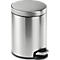 Round, silver trash can with lid and foot pedal.