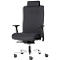 Black office chair with headrest, armrests and castors, against a white background.