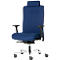 Blue office chair with headrest, armrests and wheels. The chair has a silver frame.