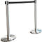 Two silver stanchions with a black belt, to delineate a queue.