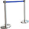 Two silver stanchions with a blue barrier tape. On a bright background.