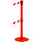 Red stanchion with red and white barrier tape. The stanchion has a round base.