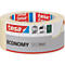 Rouleau de ruban adhésif tesa beige, logo rouge et blanc, impression "Economy", 50m x 50mm, symboles et label FSC.
