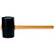 Black rubber mallet with wooden handle, lying diagonally against a white background.