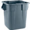 Graue, quadratische Mülltonne mit Griffen und Firmenlogo. Text: „Rubbermaid“ und „28 Gal“