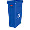 Blaues Recycling-Behälter, rechteckig, mit Recycling-Symbol.