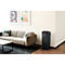 Schwarzer Mülleimer in Wohnzimmer. Sofa, Teppich, Bilder, und Couchtisch im Hintergrund.