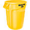 Gele vuilnisbak met deksel. Opschrift: BRUTE, Rubbermaid Commercial Products.