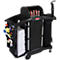 Black cleaning cart with cleaning supplies, towels, and spray bottles. Reads: Rubbermaid.