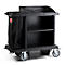 Black cleaning cart on wheels, featuring shelves, a waste bag, and a storage tray.