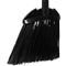 Black broom with bristles, handle base and angle. The broom is in front of a white background.