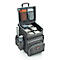 Black rolling suitcase, open, with various compartments and pockets. Handle, wheels, and several storage options.