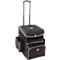 Schwarzer Trolley mit ausziehbarem Griff, Taschen, silbernen Paspeln und Logo.