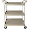Beige serveerwagen met drie niveaus, handgrepen en wielen.