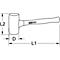 Skizze eines Gummihammers mit Maßen (L1, L2, D). Der Hammer hat einen weißen Kopf und einen Holzgriff mit KS TOOLS-Logo.