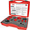 Rode gereedschapskist met gatzagen en boorbits, geopend. Opschrift "RUKO", "Bimetal hole saw set HSS".
