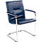 Blue leather cantilever office chair with chrome frame and armrests.