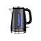 Schwarzer Russell Hobbs Wasserkocher mit blauer Wasserstandsanzeige vor weißem Hintergrund.