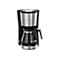 Schwarze Russell Hobbs Kaffeemaschine mit silbernen Metallelementen und Glaskanne vor weißem Hintergrund.