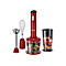 Roter Russell Hobbs Stabmixer mit Zubehör, Schneebesen, Zerkleinerer und Mixbecher vor weißem Hintergrund.