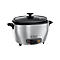 Edelstahl-Reiskocher von Russell Hobbs mit schwarzem Deckel und Bedienelementen vor weißem Hintergrund.