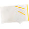 Pochettes en plastique transparent de différentes tailles avec fermetures jaunes.