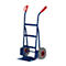 Blue hand truck with red handles, two wheels and grey tires, against a white background.