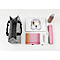 Sac en feutre gris avec contenu : ordinateur portable, casque, carnet, stylo, bouteille d'eau, tapis de yoga.