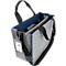 Sac fourre-tout en feutre gris avec sangles noires, doublure bleue, étiquette.