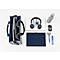 Sac bleu foncé, ordinateur portable, casque, souris, bouteille d'eau, bloc-notes, stylos et ciseaux.