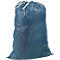Sac poubelle bleu, avec cordon blanc. Un numéro 27 et un symbole de recyclage y sont imprimés.