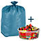 Un sac poubelle bleu et un bol de bonbons gélifiés Haribo colorés. Un signe plus relie les deux éléments.