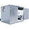 Grijze open container met tanks, buizen en apparatuur. Eén deur is open, de andere gesloten.