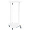 White lectern on wheels. The square tabletop rests on four vertical supports attached to a rectangular base.
