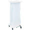 White laundry cart with bag and lid. Stands on castors.