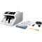 Bankbiljet controle met accessoires waaronder kabel, reinigingsborstel en instructies.