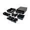 Black cash register with drawer and various insert boxes, on a light background.