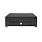 Black cash register with two slot openings and a keyhole. Feet on the bottom.