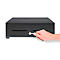 Black cash register drawer with a key in hand, against a white background.