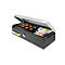 Open black cash register with coins and banknotes. A bill protrudes from the compartment.