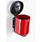 Red, cylindrical ashtray on a black holder, flap up. Fixed to a white wall.