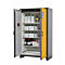 Yellow and gray chemical cabinet with open doors. Numerous bottles and containers are on shelves.