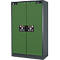 Green, lockable cabinet with warning signs. Double doors, metal frame. On the doors: warning symbols, "90".