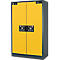 Yellow fire protection cabinet with two doors, black handles and warning signs. Black frame, gray sides.