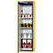 Yellow safety cabinet, door open, filled with paint cans and hazardous material containers.